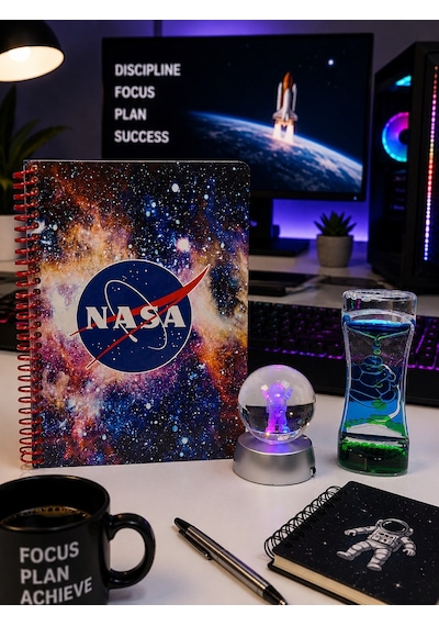 Nasa Masa Üstü Hediye Seti Spiralli Defter, Astronot Kristal Küre Led Lamba, Damla Zamanlayıcı