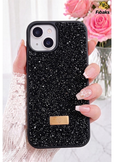 Fibaks iPhone 14 Plus/15 Plus Uyumlu Kılıf Içi Kadife Elmas Tasarımlı Taşlı Işıltılı Pırlanta Silikon Kapak Siyah