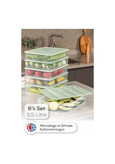 Vienev 6lı 3,5 Litre Buzdolabı Dondurucu Organizer Mikrodalga Ve Difrize Uygun Saklama Kabı Mint