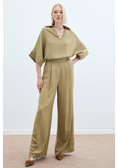 Sateen Keten Karışımlı Pantolon - Haki-136275 Haki