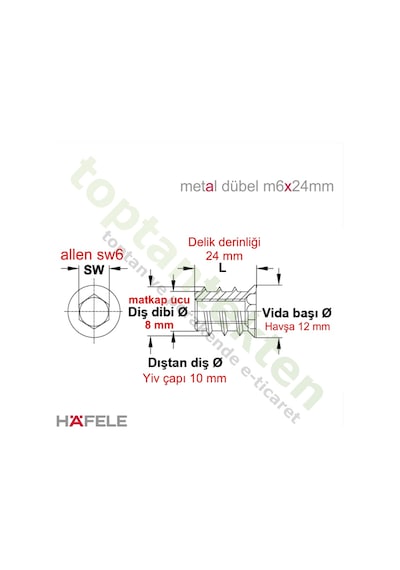 Hafele Dübel Çelik Galvaniz Havşa Başlı M6X24Mm