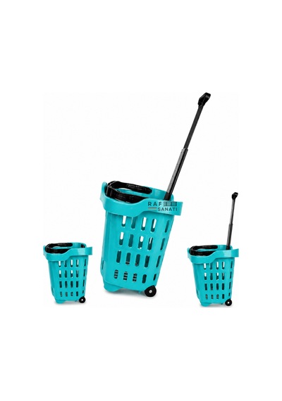 5 Adet - 43 Lt Tekerlekli Market Sepeti Plastik Alışveriş Sepeti Ergonomik Çift Saplı Turkuaz