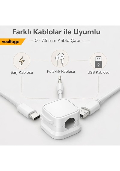 Manyetik Kablo Düzenleyici 6'li Set, Masa Kablo Tutucu Klips, Şarj Kablosu Organizer Siyah Beyaz
