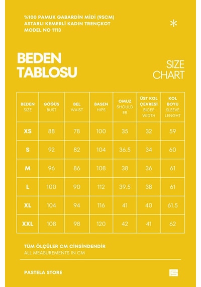 Pastelastore %100 Pamuk Gabardin Midi 95cm Astarlı Kemerli Kadın Trençkot 1113 Siyah