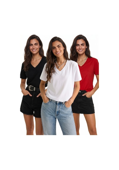 Onloox Kadın Siyah-beyaz-kırmızı Siyah Beyaz Kırmızı Organik Pamuklu Derin V Yakalı Comfort Fit Kısa Kollu T-shirt