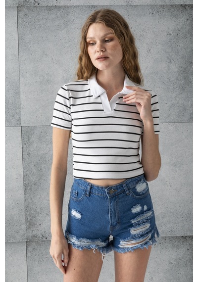 Giysa Kadın Polo Yaka Çizgili Pamuklu T-shirt Beyaz Siyah - 25795 Beyaz - Siyah