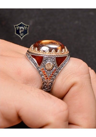 Gümüş Erkek Yüzük Şampanya Topaz Taşlı Zirkon Taş Süslemeli (537125177)