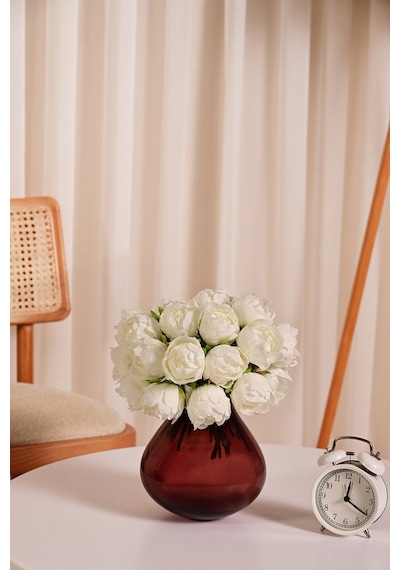Beyaz Premium Yapay Peony Şakayık Çiçeği Buketi 7 Dallı Lüx İpeksi Dokulu 25 Cm