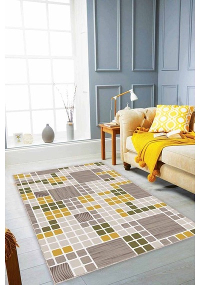 Yeşil Sarı Geometrik Kaymaz Tabanlı Dekoratif Halı Puz05n11 Sarı - Yeşil