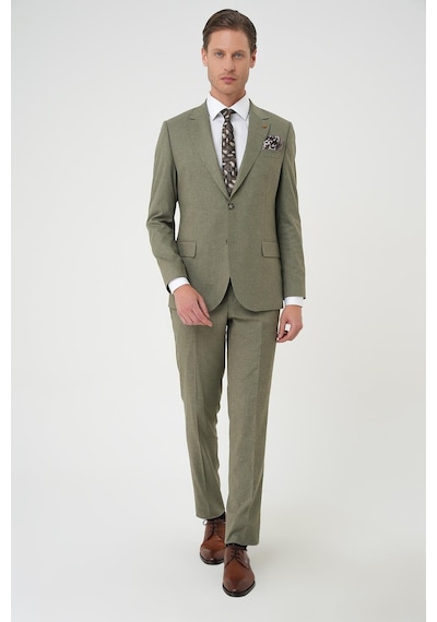 Efor Slim Fit Çift Yırtmaç Keten Karışımlı Yelekli Klasik Haki Takım Elbise Tk 914 Haki
