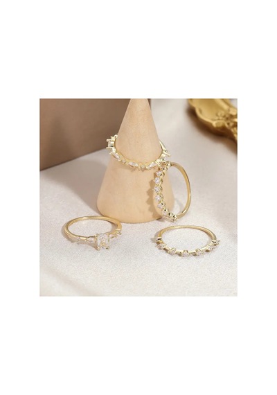 Glowin - 4 Adet Altın Renkli Zirkon Taşlı Şık Tasarım Vintage Bohem Çoklu Gold Yüzük Seti