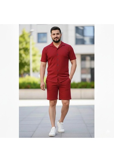 Assema Erkek Waffle Kısa Kollu Gömlek Şort Takım Regular Fit İkili Set - Bordo Çok Renkli