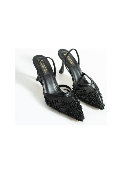 Lebibe Shoes Meggıe Kadın Siyah Sivri Burun 7 Cm Topuklu Tül Üzerine İnci İşlemeli Slingback Ayakkabı