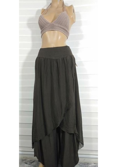 Bohem Stil Kadın Asimetrik Kapaklı Ipek Şalvar Pantolon-8775 Kahverengi