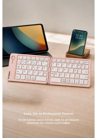 Cep Ekipman Tuş Kablosuz Klavye Bluetooth Katlanabilir Şarjlı Mini Klavye Tk08 Pembe