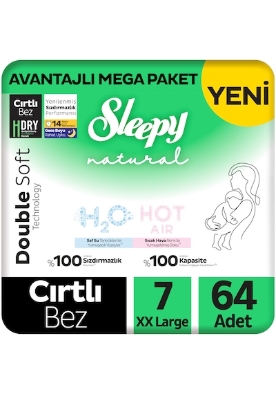 Sleepy Natural Double Soft Avantajlı Mega Paket Bebek Bezi 7 Numara Xxlarge 64 Adet