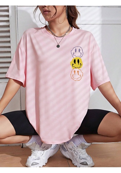 Noıssey Karikatür Ve Grafik Tasarım Oversize T-shirt Cartoon/letter Serisi Kod44 Pembe