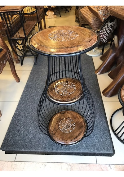Ahşap Ferforje 3 Katlı Sehpa 41x41x81 Cm. Kna579 Eskitme Siyah