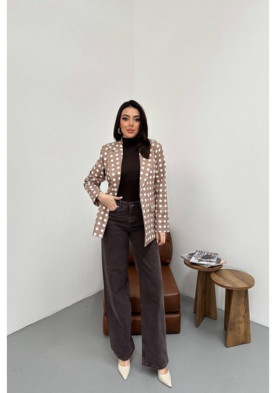 Cemo Kadın Puantiyeli Tek Düğmeli Blazer Ceket Camel