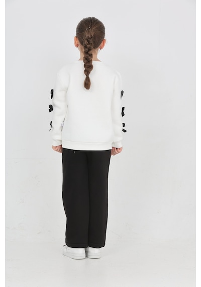 Erdem Kıds Kız Çocuk 3 İplik Şardonlu Kurdele Detaylı Basic Sweatshirt-bol Kesim Palazzo Eşofman Takım Ekru-siyah Ekru-siyah