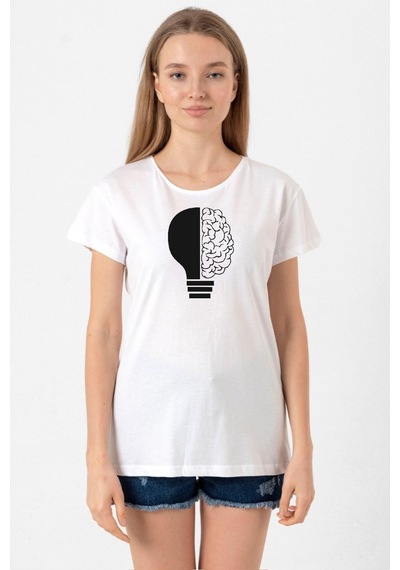 Lightbulb & Brain Beyaz Kadın Bisikletyaka Tshirt 001
