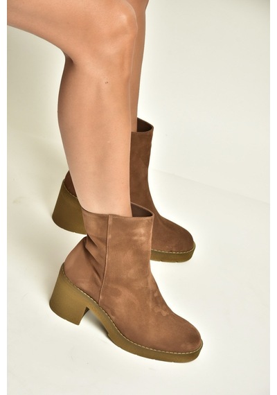 Fox Shoes Z667051161 Taba Hakiki Deri Süet Kalın Topuklu Kadın Bot