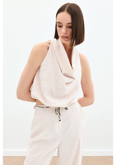 Sateen Degaje Yaka Bluz - Bej Bej