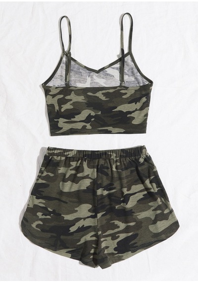 Kadın Kamuflaj Desenli Askılı Crop Top Ve Şortlu Gecelik Takım H110440
