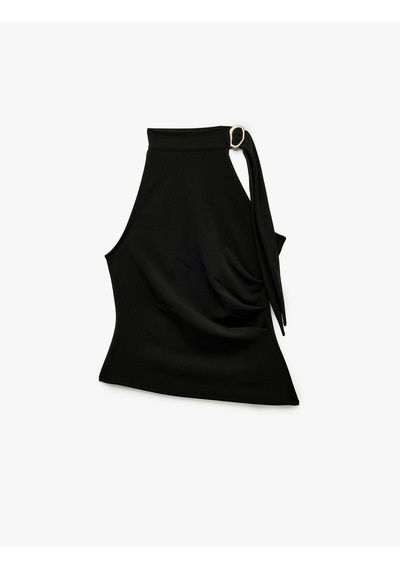 Koton Slim Fit Drapeli Asimetrik Metal Aksesuarlı Dik Yaka Kolsuz Bluz Siyah 7wak10181ek