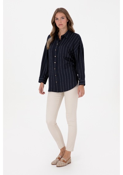 U.S. Polo Assn. Kadın Çizgili Lacivert Uzun Kollu Gömlek 50308768-VR033