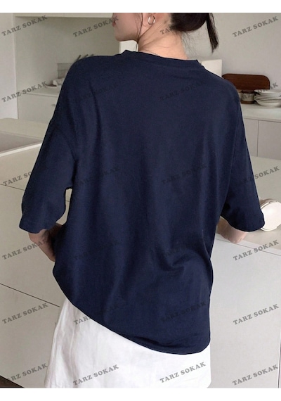 Flood Of Style Unisex Bay Yazılı Baskılı Düşük Omuzlu Tişört Kod-1386 Lacivert