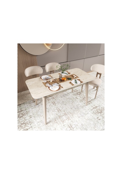 İnci Yemek Masası, 70x114 Açılır Yemek Masası, Mutfak Masası Traverten