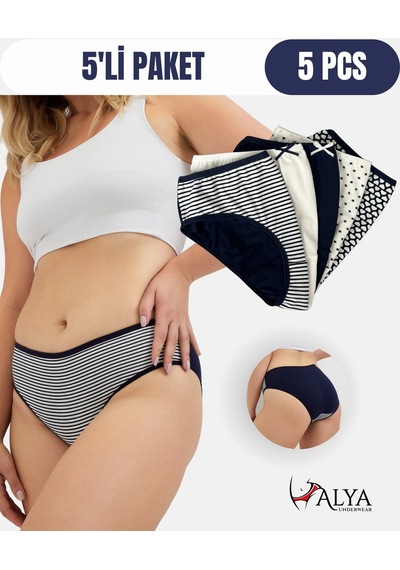 Alya Underwear Pamuklu Kadın Külot Slip Empirme Baskılı Yüksek Bel İç Çamaşırı - 5'li Paket - Lacivert Çok Renkli Y21