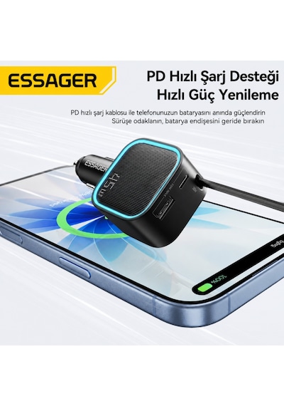 Essager 45w Hızlı Şarj Araç Şarj Cihazı Type C 75cm Çekilebilir Kablo Usb-c Usb-a 3'lü Çıkış 12v/24v