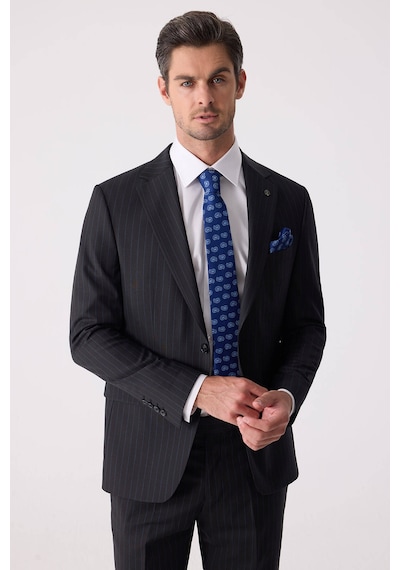 Erkek Siyah Slim Fit Çizgili %100 Yün Takım Elbise