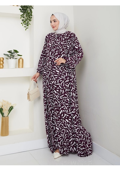 Nevayla Moda Desenli Önü Büzgülü Viskon Elbise - Mor / E0131 Mor