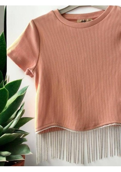Zekids Kız Çocuk Zincirli Fitilli Crop T-shirt-14396 Somon