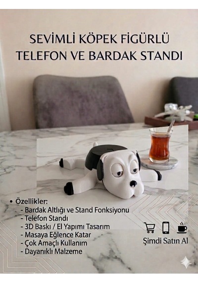 Sevimli Köpek Figürlü 2'si 1 Arada Telefon Standı Ve Bardak Altlığı - 3d Tasarım Beyaz Beyaz - Siyah
