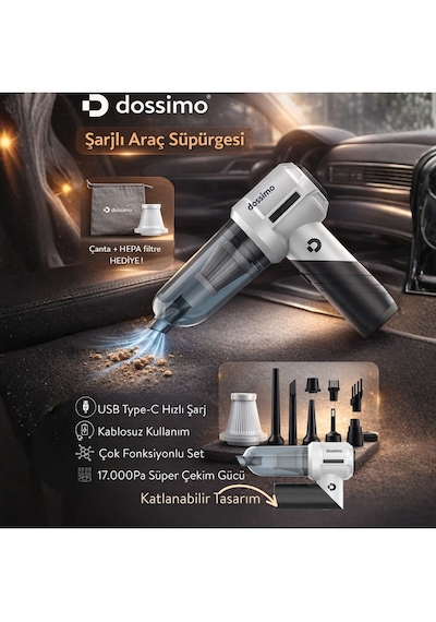 Dossimo Nitro X2 Kablosuz Araç İçi Süpürge Katlanabilir Çok Amaçlı Güçlü Vakum Çanta  Siyah Gri