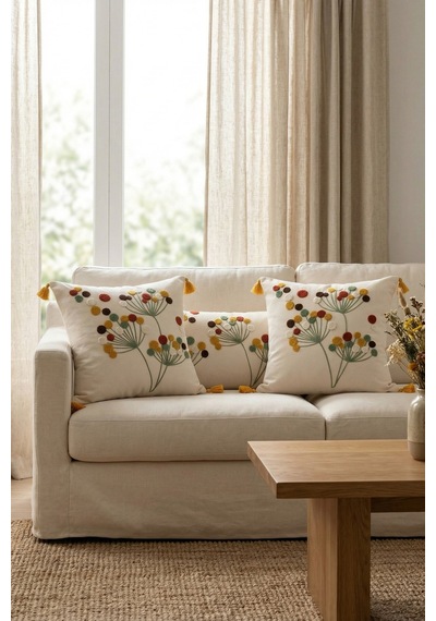 Polen Flora Punch Nakışlı 3'lü Dekoratif Kırlent Kılıfı Seti 2 Adet 42x42 Cm + 1 Adet 35x55 Cm Bej