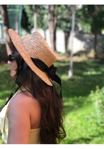 Kadın Bej Hasır Şapka Bağlamalı Siyah Kurdale