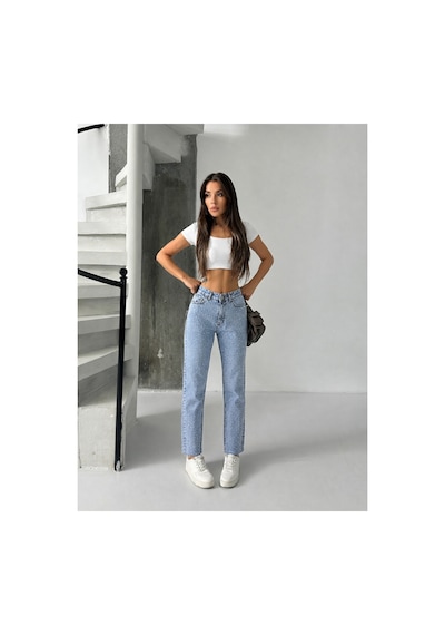 Bluemarlin Buz Kar Ön Arka Taşlı Paça Kesik Mom Denim Pantolon Buz Kar