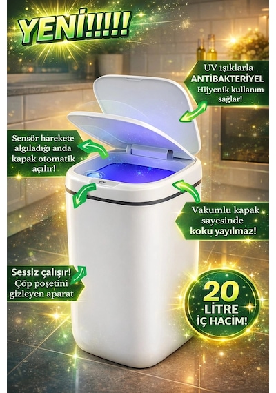 Akıllı Otomatik Kapaklı 20 Litre Çöp Kutusu Hareket Sensörlü Hijyenik Sessiz Ev Ofis