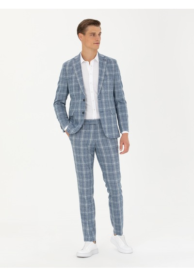 Cacharel Mavi Slim Fit Yün Karışımlı Ekose Takım Elbise