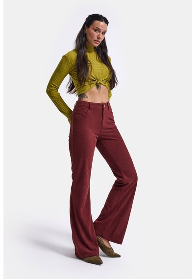 Kadın Bordo Flare Fit Velvet Kadife Kumaş Pantolon