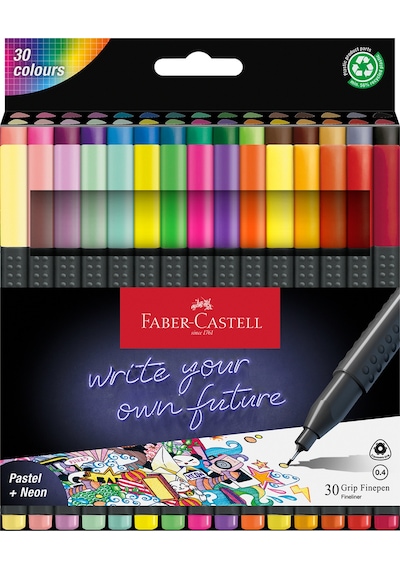 Faber-Castell Grip Finepen İnce Keçe Uçlu Kalem Seti, 30’lu, Pastel ve Neon Renkler, 0.4 mm Hassas Uç, Üçgen Gövde