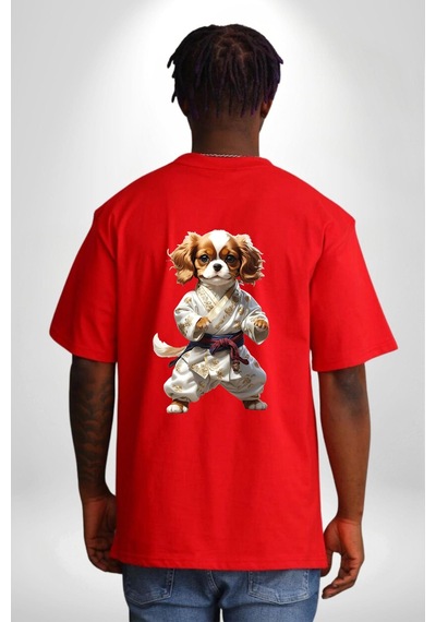 Cavailer King Charles Spaniel Karate Kırmızı Oversize Unisex Ön Ve Sırt Baskılı Tişört Kırmızı