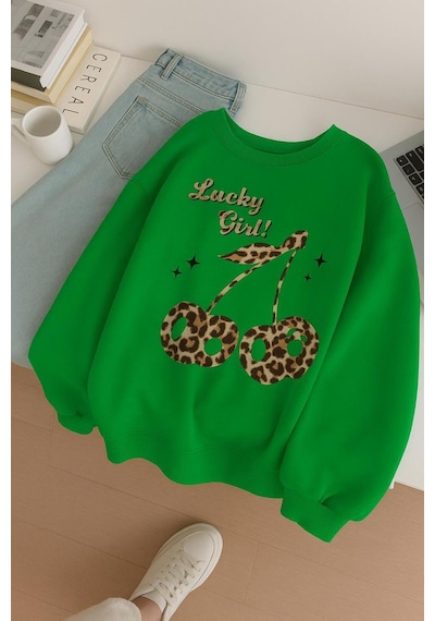 Benroma 3 İplik Penye Lucky Girl Baskılı Unisex Sweatshırt Yeşil