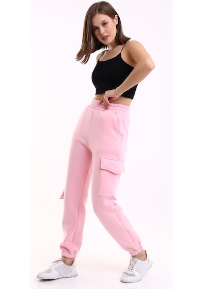 Winmoda34 Kadın Jogger Kalın 3 İplik Yandan Cepli Kargo Eşofman Altı Pembe