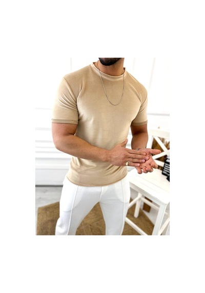 T-shirt Slim Fit Tişört Dar Kesim Kadife Tişört krem